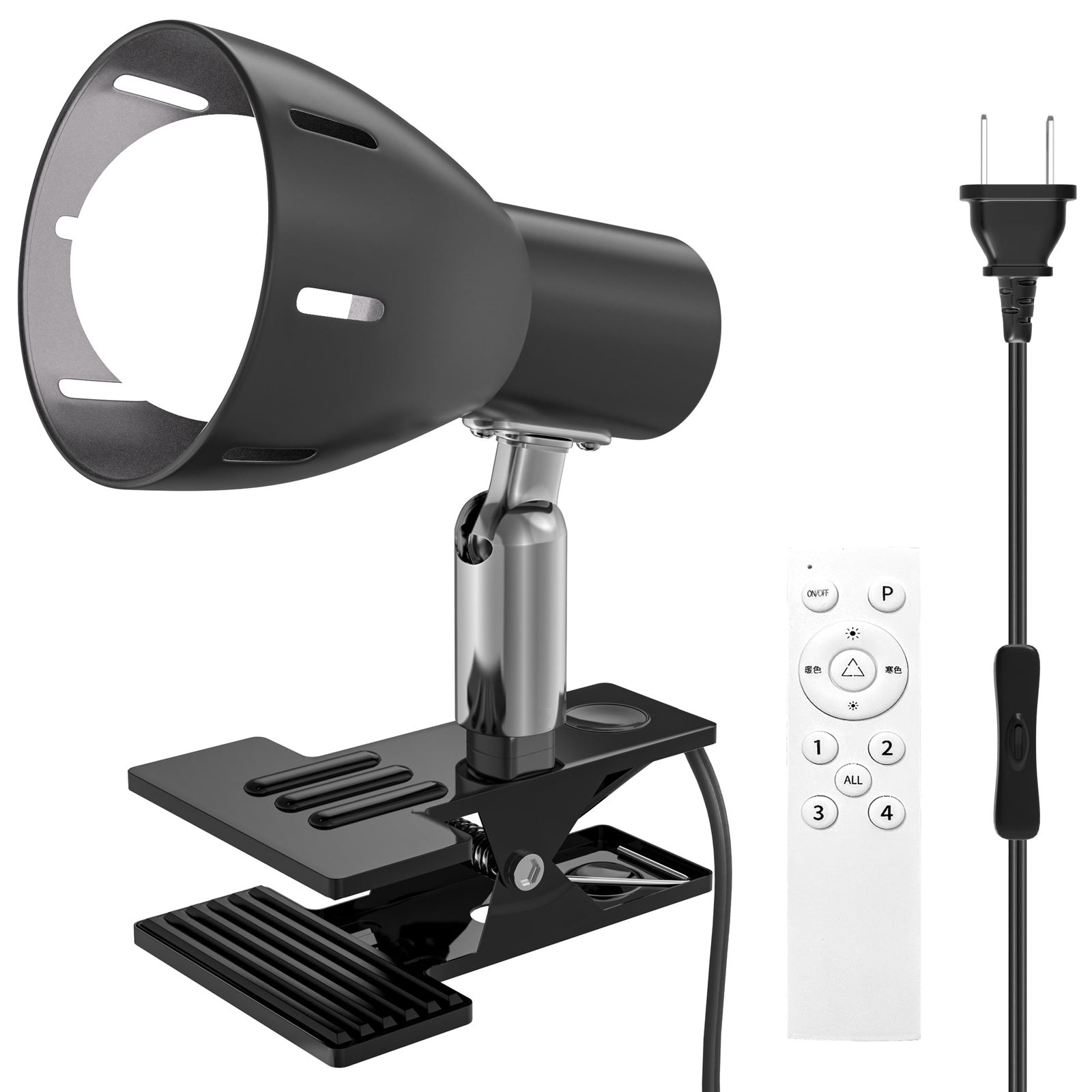クリップランプ、E26ランプホルダー、LED電球 (8W,3000K-6500K調光と色調整、リモコン) 付き、屋内用、スイッチソケット付き、屋内照明、ワーク、読書作業、リビングルーム、寝室照明 (黒色クリップランプホルダー)(沖縄・離島の方 55de89d7