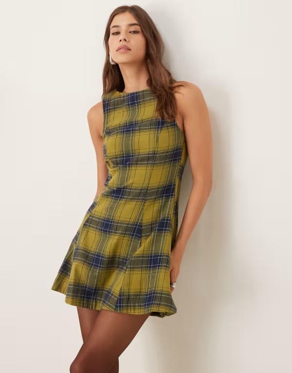 エイソス レディース トップス ワンピース ミニ ノースリーブ ASOS DESIGN sleeveless mini dress with box pleats check Green Check グリーン