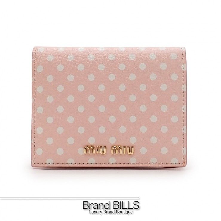 未使用品 miu miu ミュウミュウ pois ポワ コンパクトウォレット 折り財布 5MV204 ドット柄 水玉 レザー ピンク系 ホワイト レディース
