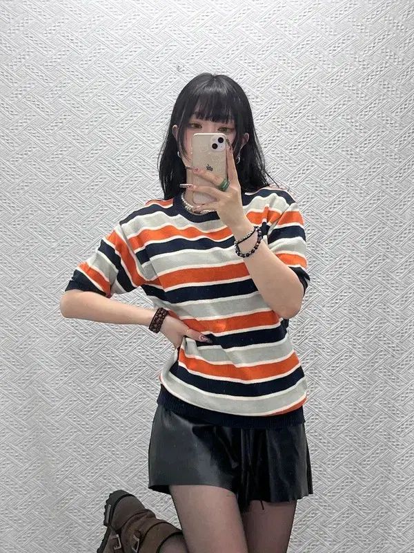 BEAMS ヴィンテージ レトロ Kitsch オレンジ ストライプ 半袖 Tシャツ L C11785