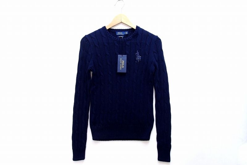 【232232】POLO RALPH LAUREN ラルフローレン タグ付 ビーズポニー コットンニット セーター ケーブル編み S ネイビー