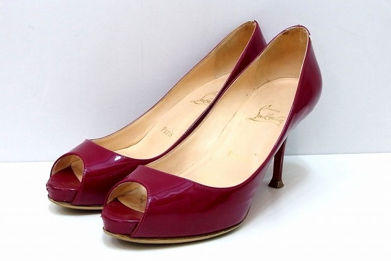 【232149】Christian Louboutin クリスチャンルブタン オープントゥ　エナメル　パテントレザー パンプス ピンヒール 37