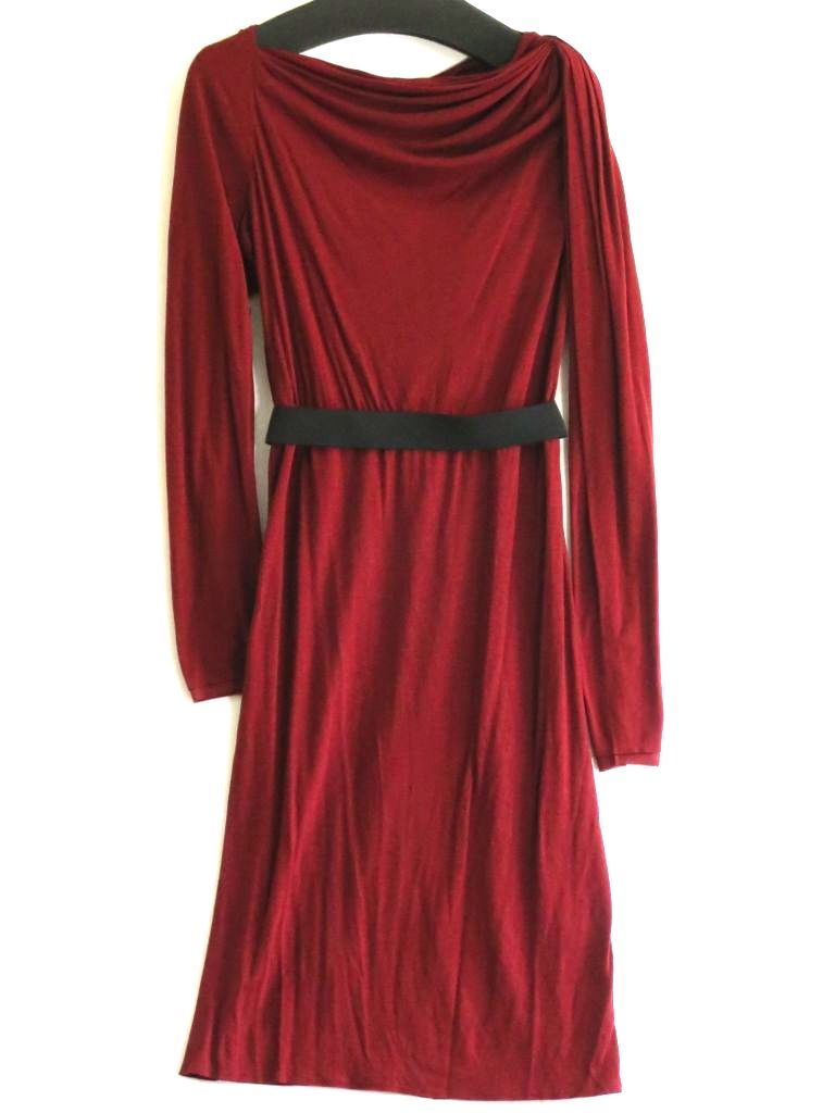【231967】LANVIN ランバン 長袖　ストレッチ　ウエストマーク　ドレープデザインワンピース　レーヨン/ウール ・S ボルドー