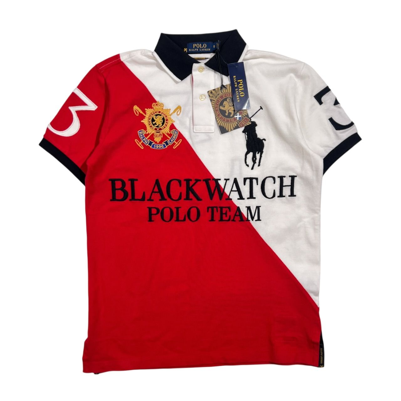 新品 タグ付き POLO RALPH LAUREN ポロラルフローレン BLACKWATCH CUSTOM FIT ビッグポニー ナンバリング 鹿の子 半袖 ポロシャツ S/レッド×ホワイト系 メンズ