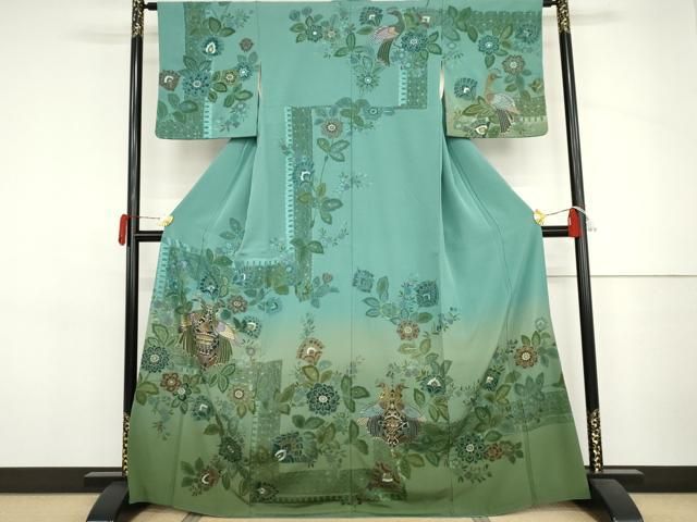 平和屋着物●中国三大刺繍　汕頭刺繍　スワトウ刺繍　相良刺繍　総刺繍　訪問着　孔雀更紗花文　暈し染め　金糸　正絹　逸品　AABJ3692cs