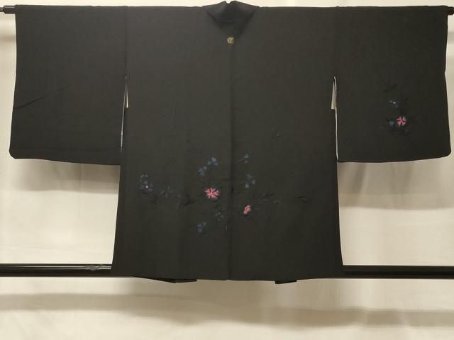 平和屋着物＃羽織　総刺繍　枝花文　黒地　正絹　逸品　CABF9077in