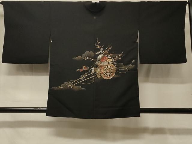 平和屋着物＃羽織　寿光織　雲取り花車文　黒地　金銀糸　正絹　逸品　CABF9082in