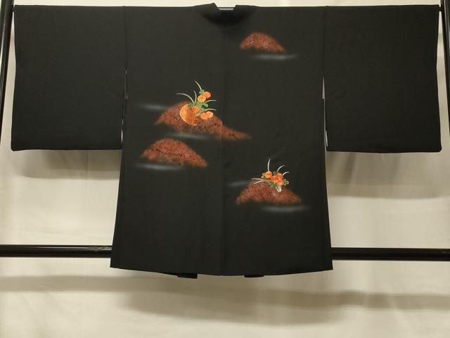 平和屋着物＃羽織　刺繍　花籠文　暈し染め　黒地　正絹　逸品　CABF9087in