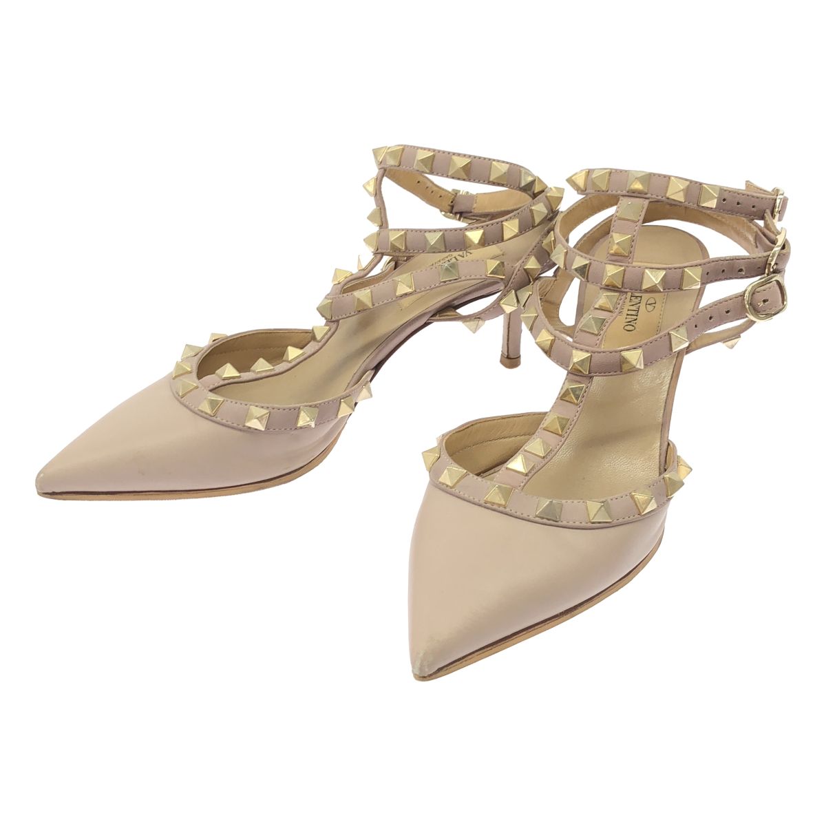 VALENTINO GARAVANI ヴァレンティノ ガラヴァーニ ロックスタッズレザーストラップパンプス ピンクベージュ 35 1/2