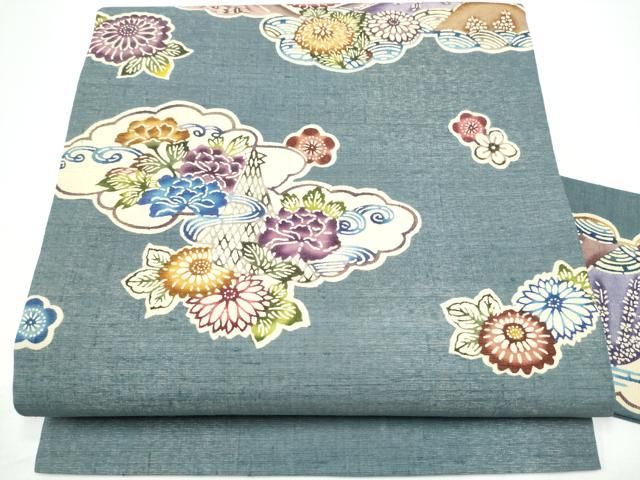 平和屋着物●九寸名古屋帯　型染め　紬地　雲重ね花文　金通し地　正絹　逸品　CABG6091hy