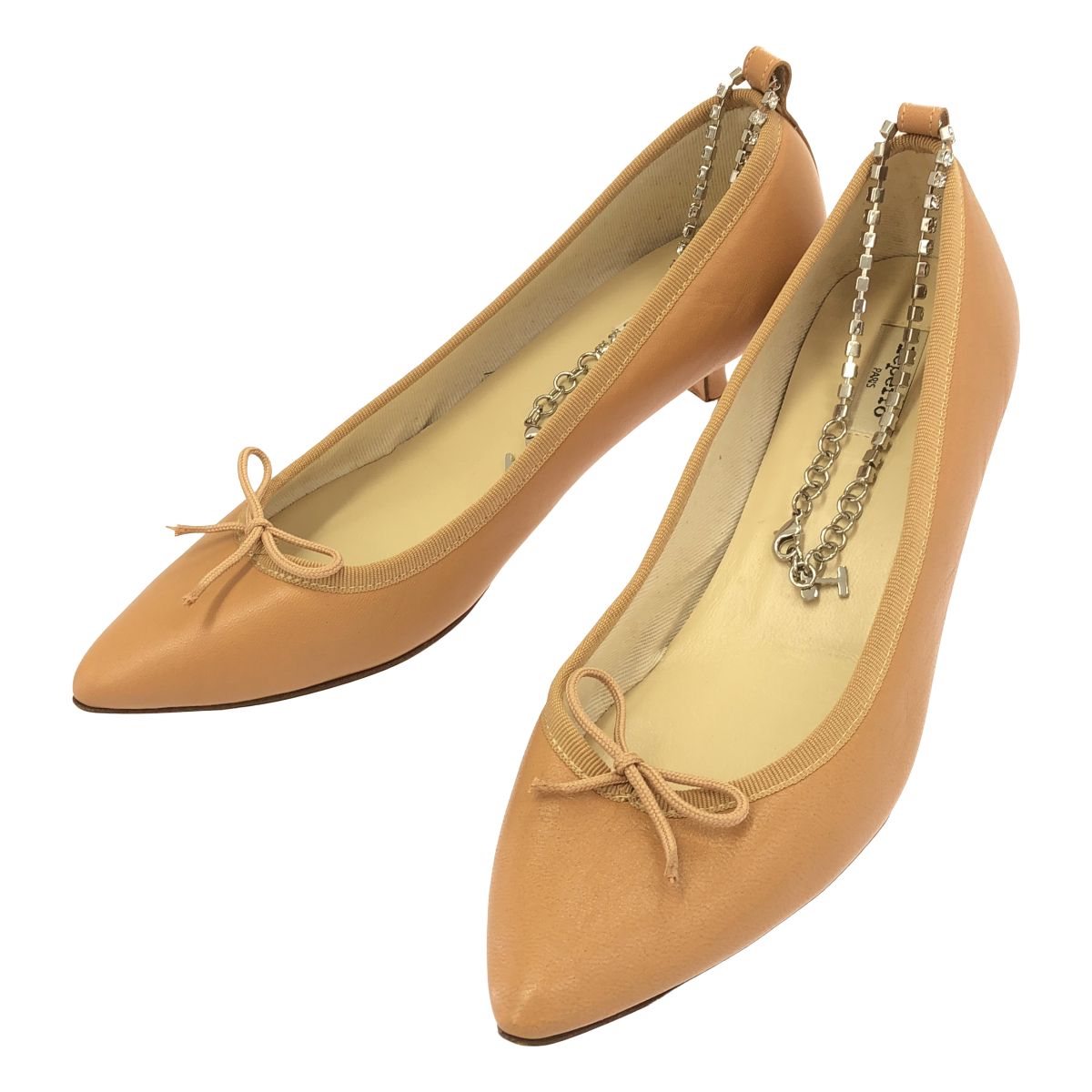 Repetto レペット クリスタルチェーンレザーリボンパンプス ベージュ系 38