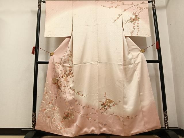 平和屋着物●十日町老舗ブランド　吉澤友禅　吾妻徳穂　訪問着　駒刺繍　舞扇枝花文　暈し染め　正絹　逸品　AABI6216ph