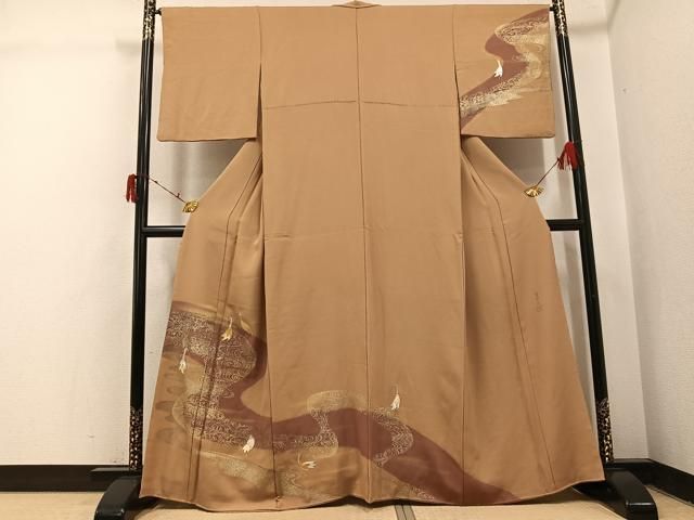 平和屋着物●訪問着　佐賀錦　作家物　百合子　駒刺繍　流水群鳥文　金彩　正絹　逸品　AABI6219ph