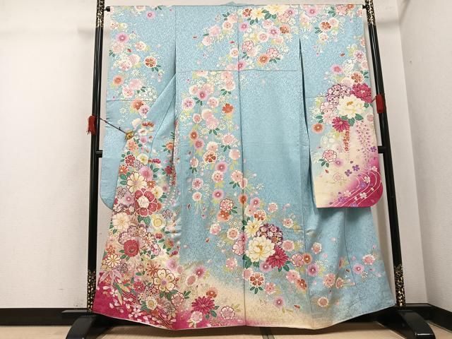 平和屋着物●豪華振袖　草花文　暈し染め　金銀彩　銀通し地　正絹　逸品　AABI6224ph