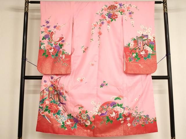 平和屋着物[]七五三　女の子　７歳　祝着　四つ身　御所車几帳花文　金銀彩　AABI2691ja