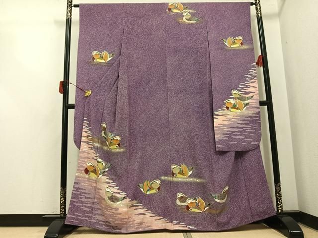 平和屋着物●豪華振袖　友禅　作家物　鴛鴦文　たたき染め　金銀彩　正絹　逸品　AABI4934ph