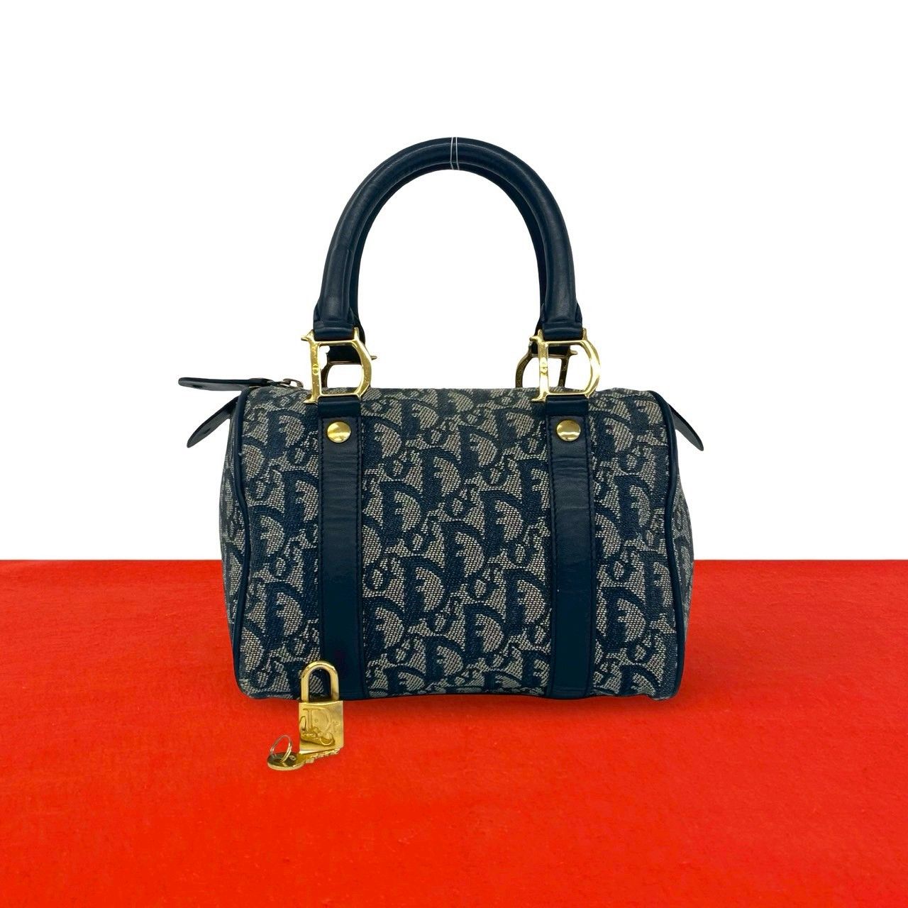 美品 Dior ディオール ミニボストン ハンドバッグ トロッター ネイビー