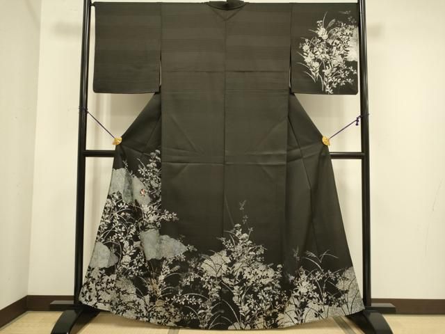 平和屋着物▽訪問着 単衣 駒刺繍 花蝶文 黒地 正絹 逸品 DABE9793du