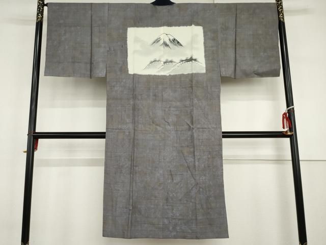 平和屋着物●男性　長襦袢　袷　紬地　手描き　富士山　正絹　逸品　AABI6113cs