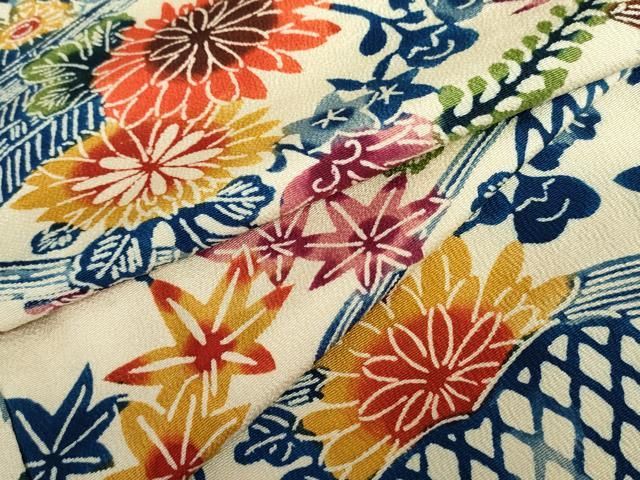 平和屋着物●紅型　小紋　流水草花文　鬼しぼ縮緬　正絹　逸品　AABI6116cs 25,012円