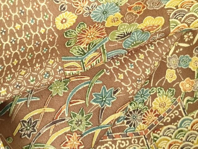 平和屋着物▽上質な小紋　単衣　型染　風景花文　正絹　逸品　DABF3166op