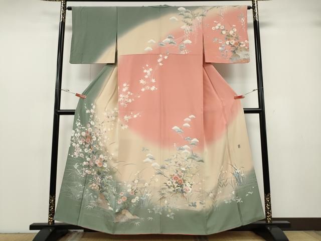 平和屋着物●十日町友禅作家　松雨　訪問着　流水飛鳥草花文　暈し染め　金銀彩　正絹　逸品　CABG5340ut
