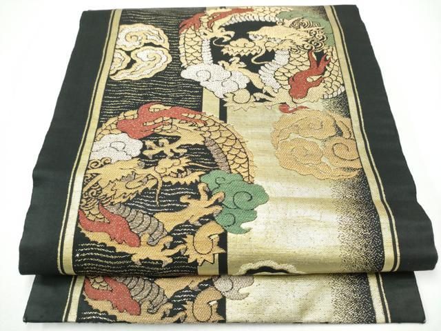 平和屋着物●九寸名古屋帯　龍　黒地　金銀糸　正絹　逸品　CABF8779hy