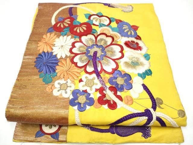 平和屋着物●アンティーク　大正ロマン　九寸名古屋帯　総手刺繍　鏡裏花文　金銀糸　正絹　逸品　CABF8781hy