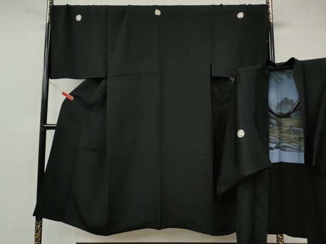 平和屋着物●男性　黒紋付・羽織セット　羽裏：風景文　キングサイズ　正絹　逸品　CABG5296ut