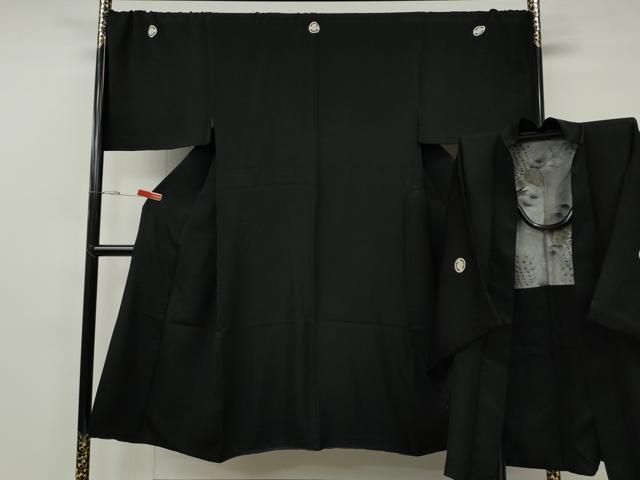 平和屋着物●男性　黒紋付・羽織セット　羽裏：枝松葉　鷹　キングサイズ　正絹　逸品　CABG5297ut 平和屋着物○男性 黒紋付・羽織セット 羽裏：枝松葉 鷹 キングサイズ