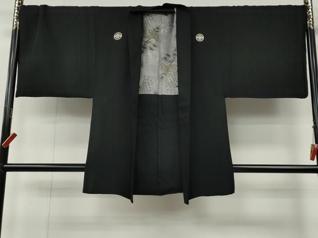 平和屋着物○男性 黒紋付・羽織セット 羽裏：枝松葉 鷹 キングサイズ