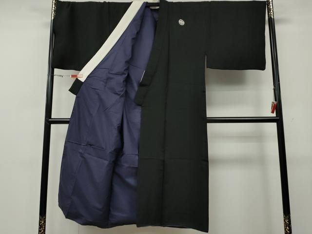 平和屋着物○男性 黒紋付・羽織セット 羽裏：枝松葉 鷹 キングサイズ