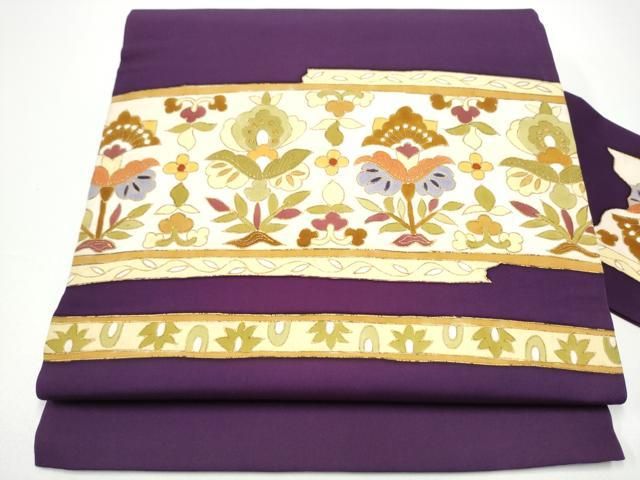 平和屋着物●塩瀬　九寸名古屋帯　型染め　更紗花文　金彩　正絹　逸品　CABF8791hy