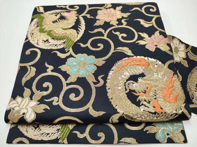 平和屋着物●全通柄　九寸名古屋帯　龍　鳳凰唐草文　黒地　金糸　正絹　逸品　CABF8793hy