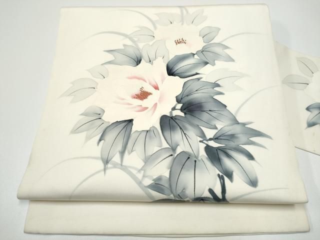 平和屋着物●塩瀬　九寸名古屋帯　作家物　手描き　牡丹　金彩　正絹　逸品　CABF8799hy