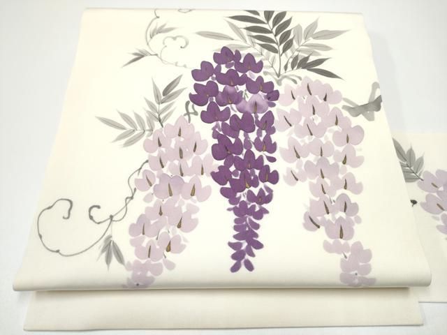 平和屋着物●塩瀬　九寸名古屋帯　手描き　藤花房　金糸　正絹　逸品　CABF8771hy