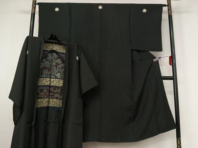 平和屋着物▽男性　黒紋付　単衣　羽織セット　暗黒色　正絹　逸品　AABI5060jh