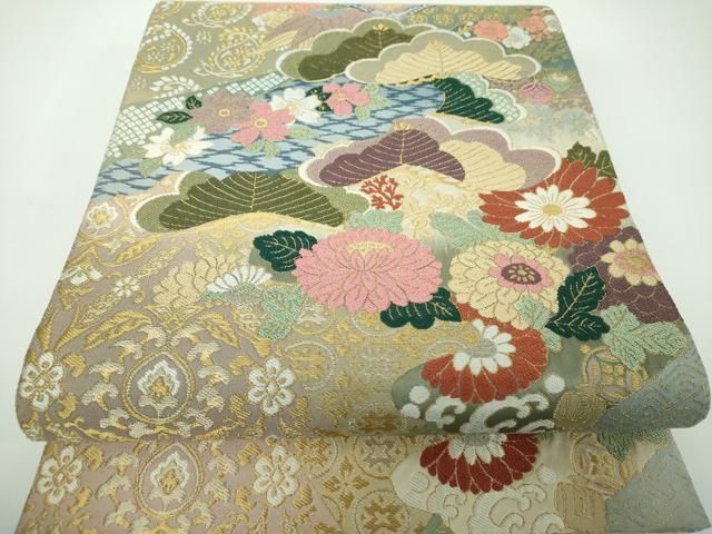 平和屋着物●六通柄袋帯　唐織　吉祥花文　金糸　正絹　逸品　未使用　DABE5501ps