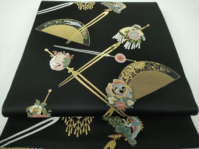 平和屋着物●西陣の老舗　1782年創業　山下織物　六通柄袋帯　唐織　若采集　黒地　金銀糸　正絹　逸品　DABE5503ps