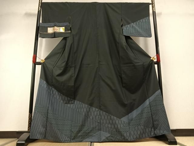 平和屋着物●本場縞大島紬　染大島　幾何学文様　喜名田織物謹製　証紙付き　正絹　逸品　AABI1426fy
