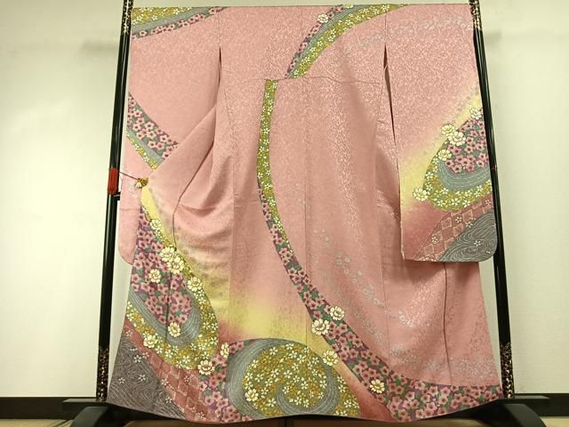 平和屋着物●豪華振袖　駒刺繍　草花文　暈し染め　銀彩　金通し地　正絹　逸品　AABI1668fy