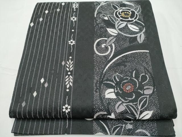 平和屋着物●両面　全通柄袋帯　花唐草文　黒地　銀通し地　正絹　逸品　CABF8618hy