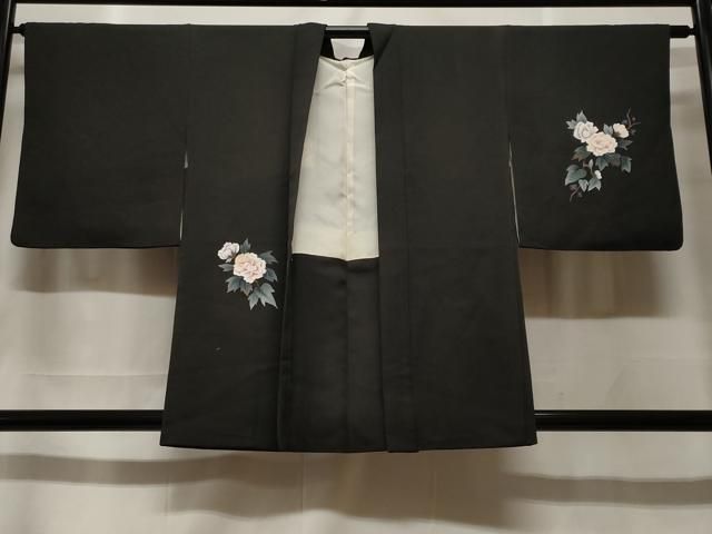 平和屋着物＃羽織　枝花文　黒地　正絹　逸品　CABF3961ev
