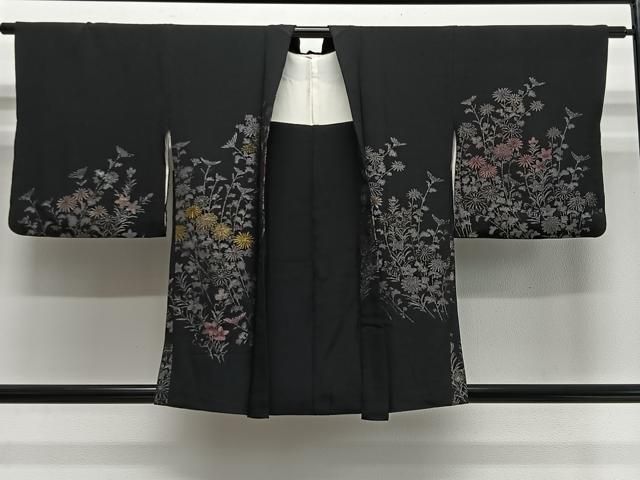 平和屋着物＃羽織　寿光織　草花文　黒地　金糸　正絹　逸品　CABE5072ua