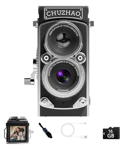 【新品】CHUZHAO ヴィンテージミニデジタルカメラ、ポータブルTLRスタイルのレトロでコンパクトな小型ポケットサイズ1080P ビデオカメラ、12MPオートフォーカス機能搭載で、初心者、ティーンエイジャー、大人向け、16GBカード、ネック 55e783ca