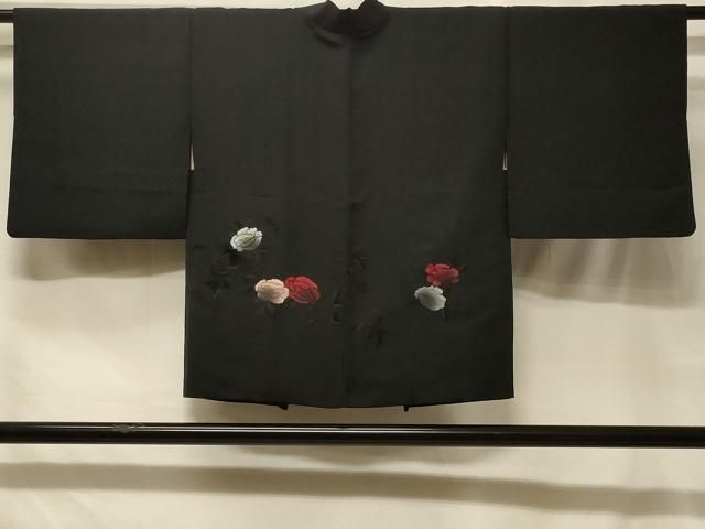 平和屋着物＃羽織　総刺繍　草花文　黒地　正絹　逸品　CABF8816in