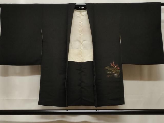 平和屋着物＃羽織　寿光織　風景枝梅文　黒地　金糸　正絹　逸品　CABF3950ev