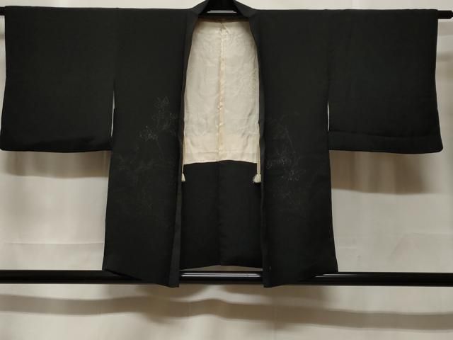 平和屋着物＃羽織　寿光織　草花文　黒地　銀糸　正絹　逸品　CABF3955ev