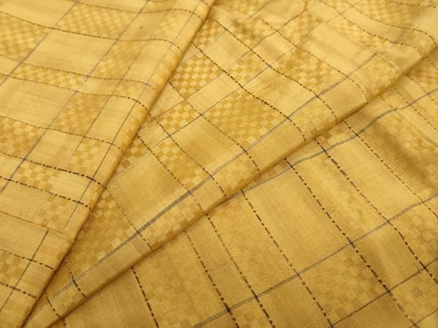 平和屋着物●黄八丈　紬　市松綾織　変わり格子文　正絹　逸品　DABC2756ud