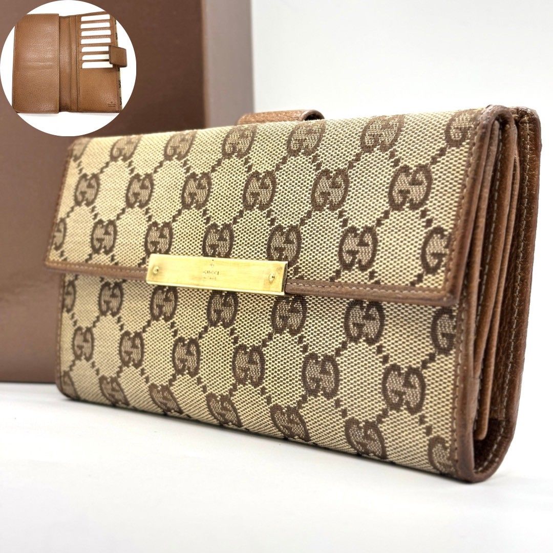 【余裕は細部に宿る】　GUCCI　長財布 GGキャンバス ゴールド金具 Wホック レザー　ベージュ×ブラウン 9,786円